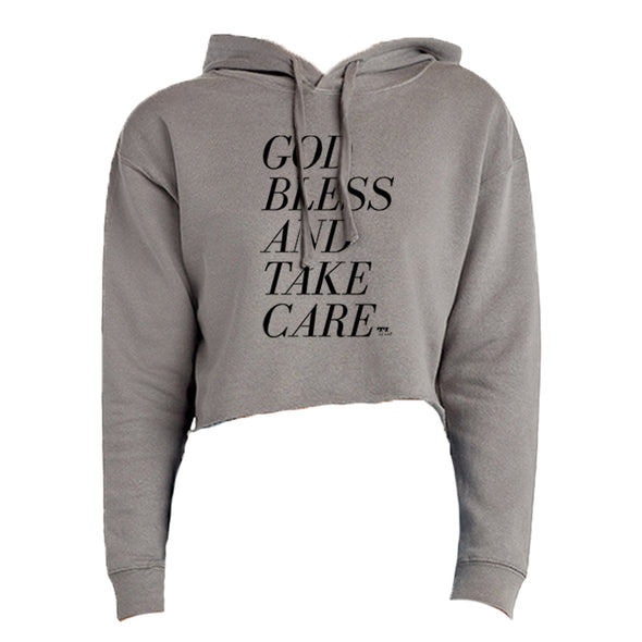 God Bless and Take Care Black Print Women's Fleece Cropped Hooded Sweatshirt