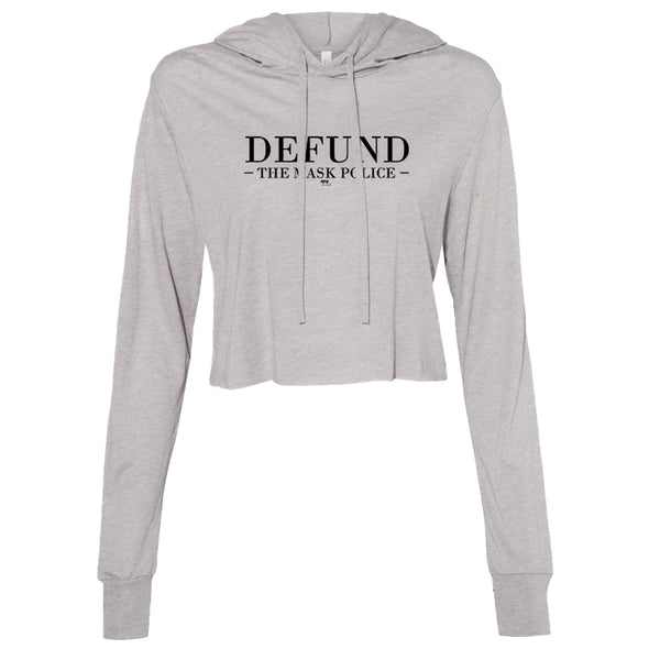 Defund The Mask Police Black Print Women's Thin Cropped Hooded Sweatshirt