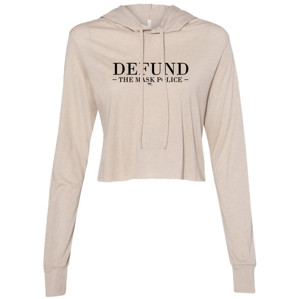Defund The Mask Police Black Print Women's Thin Cropped Hooded Sweatshirt