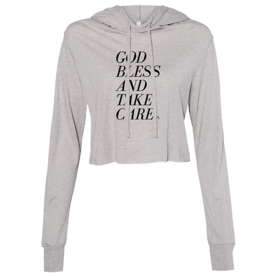 God Bless and Take Care Black Print Women's Thin Cropped Hooded Sweatshirt