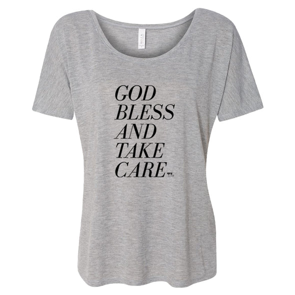 God Bless and Take Care Black Print Women's Slouchy Scoop-Neck Tee