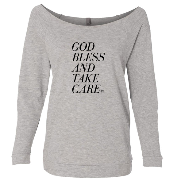 God Bless and Take Care Black Print Women's French Terry 3/4 Sleeve Raglan