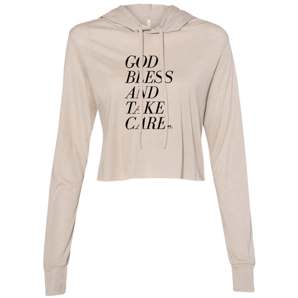 God Bless and Take Care Black Print Women's Thin Cropped Hooded Sweatshirt