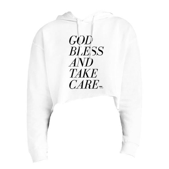 God Bless and Take Care Black Print Women's Fleece Cropped Hooded Sweatshirt