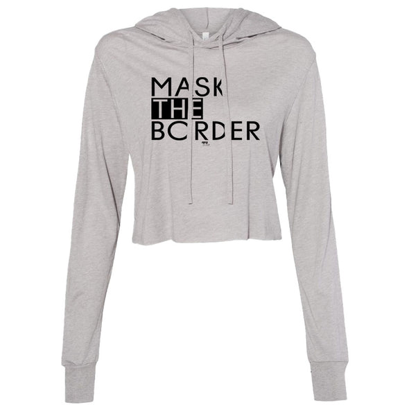 Mask The Border Black Print Women's Thin Cropped Hooded Sweatshirt