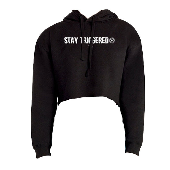 Stay Triggered Snowflake Distorted White Print Women's Fleece Cropped Hooded Sweatshirt