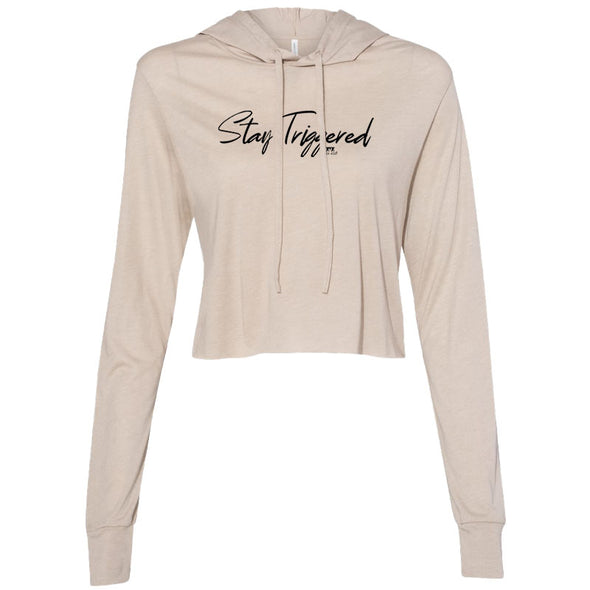 Stay Triggered Script Black Print Women's Thin Cropped Hooded Sweatshirt