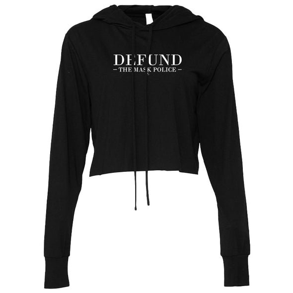 Defund The Mask Police White Print Women's Thin Cropped Hooded Sweatshirt
