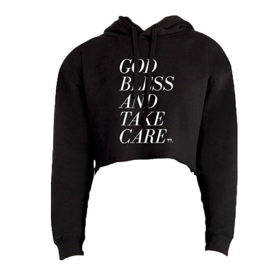 God Bless And Take Care White Print Women's Fleece Cropped Hooded Sweatshirt