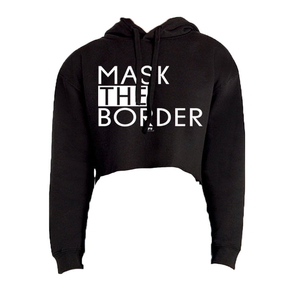 Mask The Border White Print Women's Fleece Cropped Hooded Sweatshirt