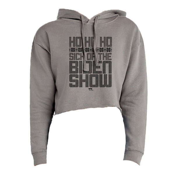 Ho Ho Ho Sick Of The Biden Show Black Print Women's Fleece Cropped Hooded Sweatshirt