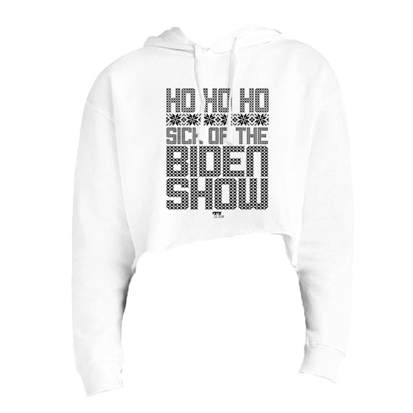 Ho Ho Ho Sick Of The Biden Show Black Print Women's Fleece Cropped Hooded Sweatshirt