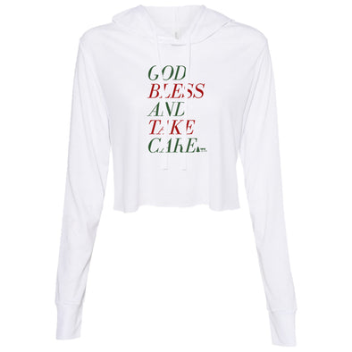 God Bless and Take Care Christmas Women's Thin Cropped Hooded Sweatshirt